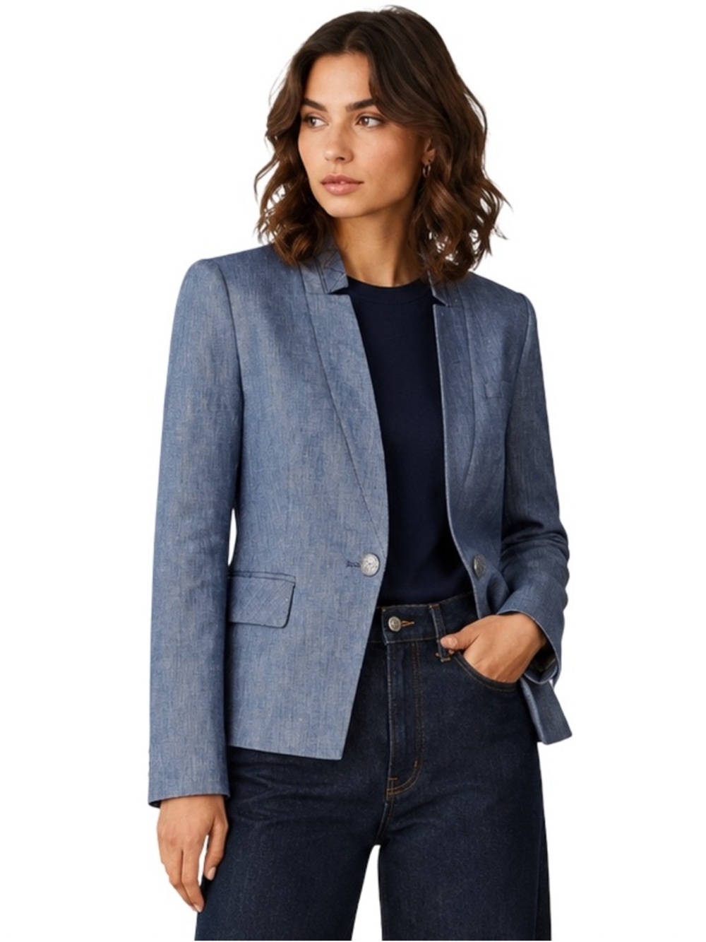 Veronica Beard Farley Blazer Size 12 Blue Herringbone Linen Cotton Preppy